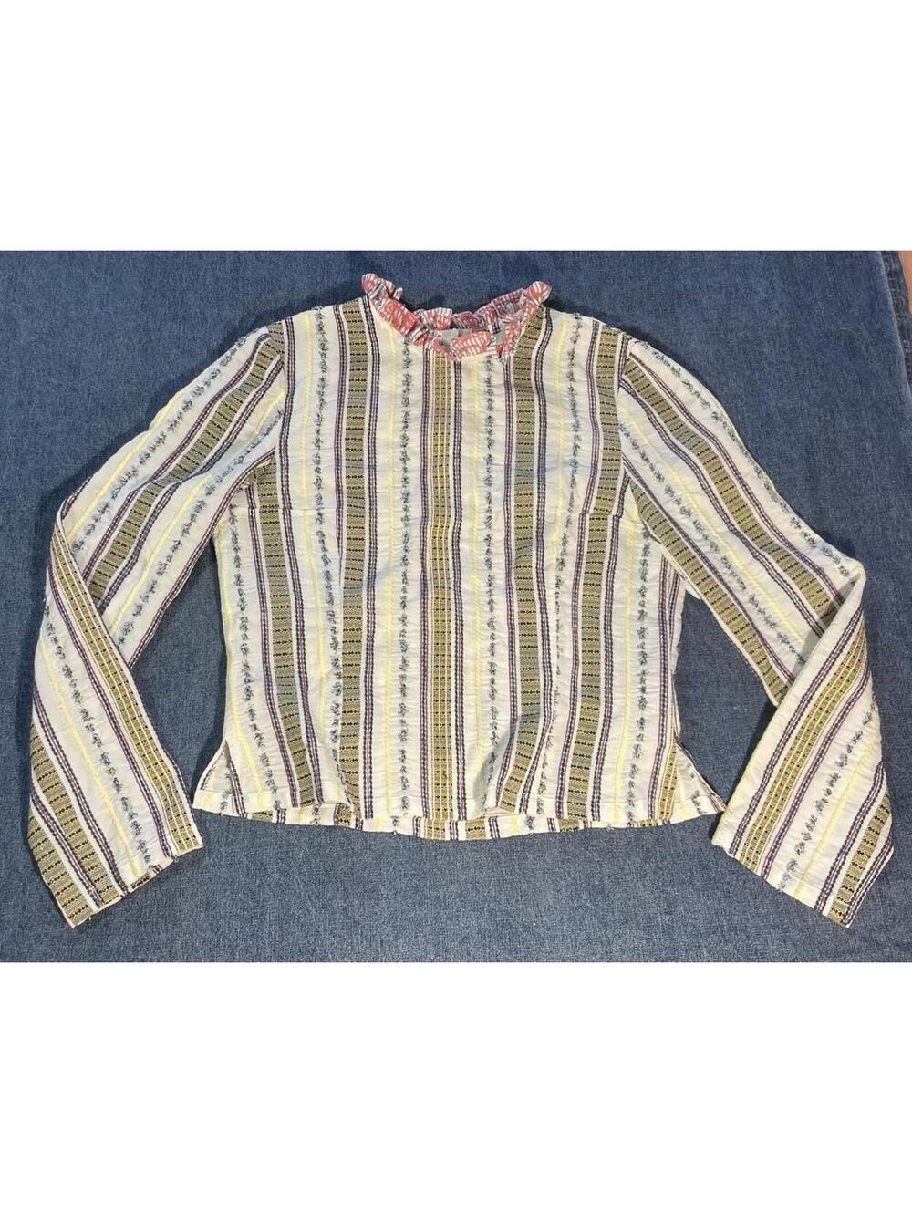 Vivienne Hu Women's Small vertical striped cotton ruffle neck  top luxury